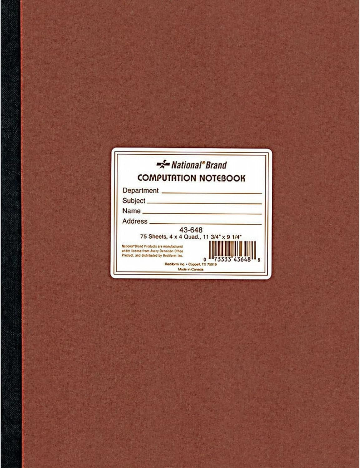 Brand Computation Notebook, 4 X 4 Quad, Brown, Green Paper, 11.75 X 9.25 Inches, 75 Sheets (43648)