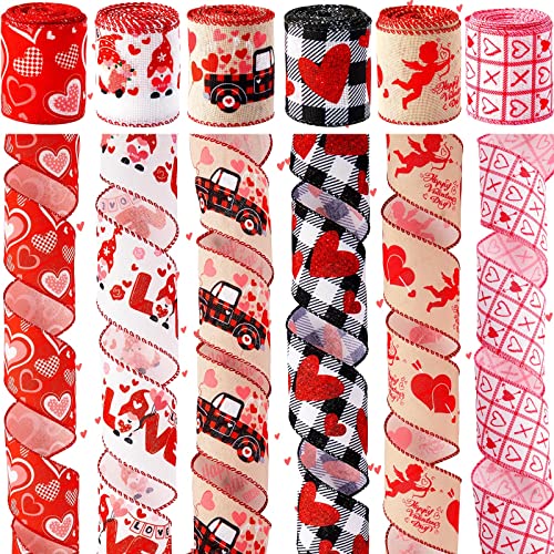 30 Yards Love Heart Ribbons Heart Pattern Wired Edge Ribbon Happy Valentine&#x27;s Day Ribbons for Gift Wrap DIY Crafts Wedding Birthday Valentine&#x27;s Day Party Decoration, 6 Rolls 2.5 Inch