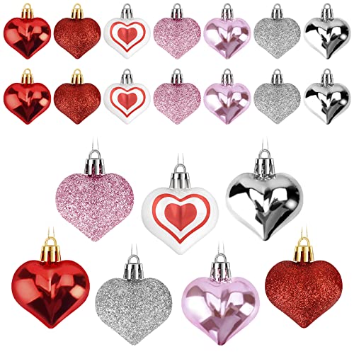 30 Pieces Heart Ornaments for Christmas Tree, Valentines Day Decorations for Tree, Heart Shaped Ornaments for Valentines Day Decor, 7 Styles