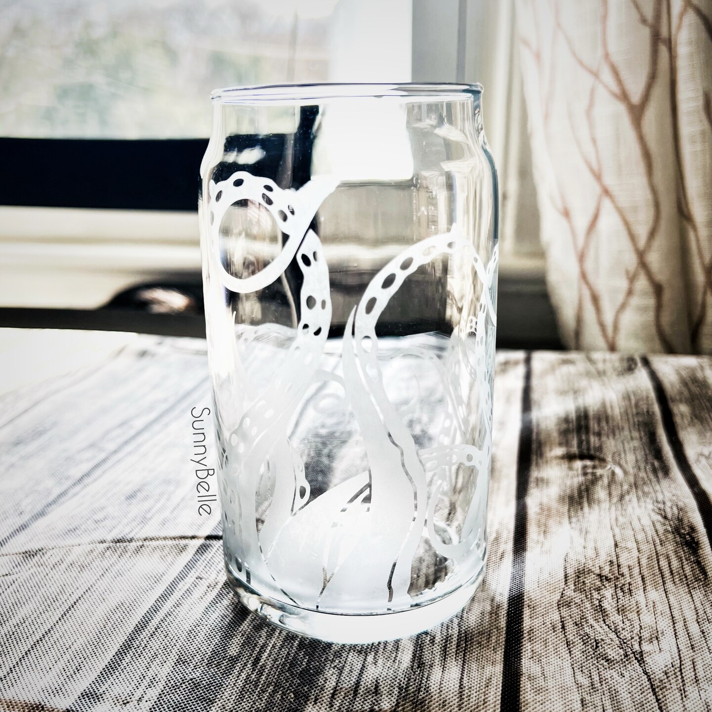 Octopus Etched Glass, Octopus Tumbler, Octopus Glass Art, Nautical Tumbler, Beer Can Glass with Lid and Straw, Octopus Tentacle Glass Can product 4