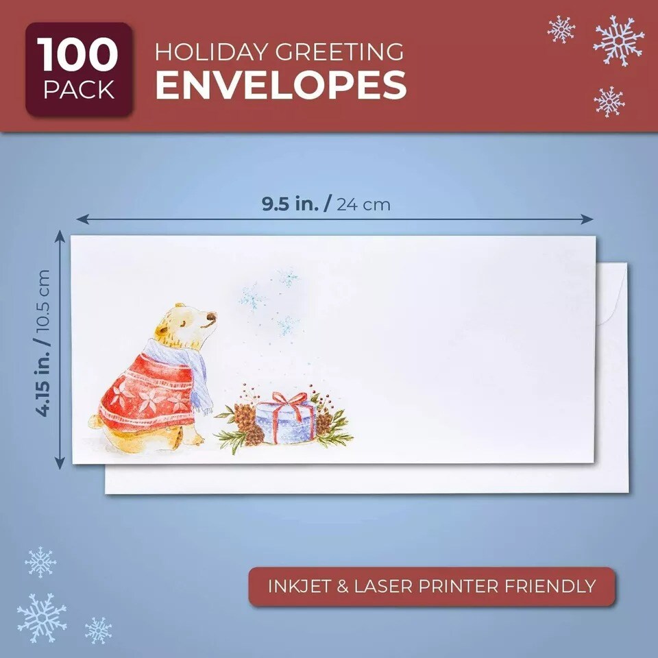 100 Count Christmas Envelopes #10 Letter Size for Holiday Greeting Cards Mailing