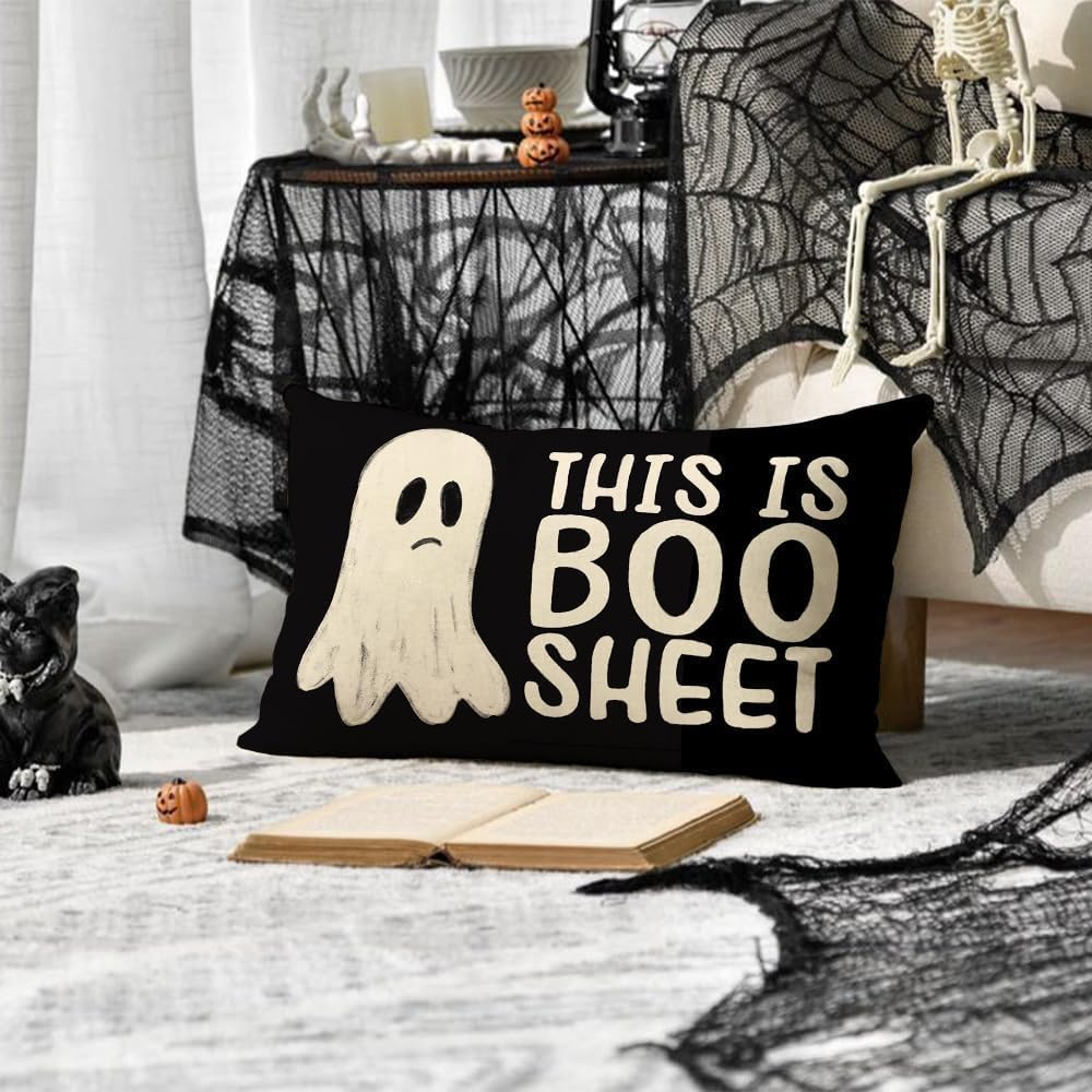 Halloween Pillow Cover 12X20 Inch Ghost Funny Halloween Saying Decoration Holiday Farmhouse Pillow Case Decor for Home Sofa Couch Indoor Outdoor AA188-12