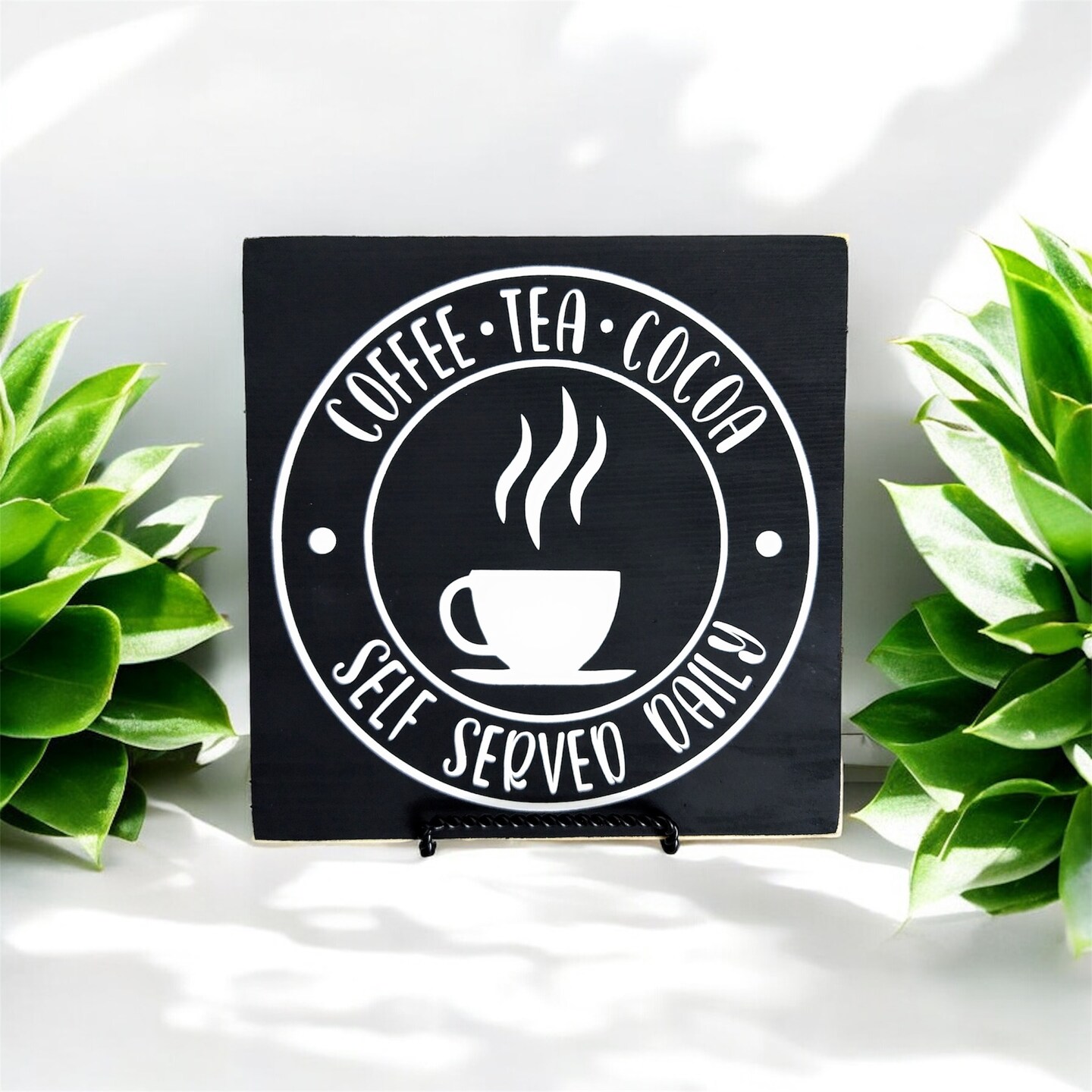 Coffee Tea Cocoa wood sign for kitchen decor 7x7 inches, Black and