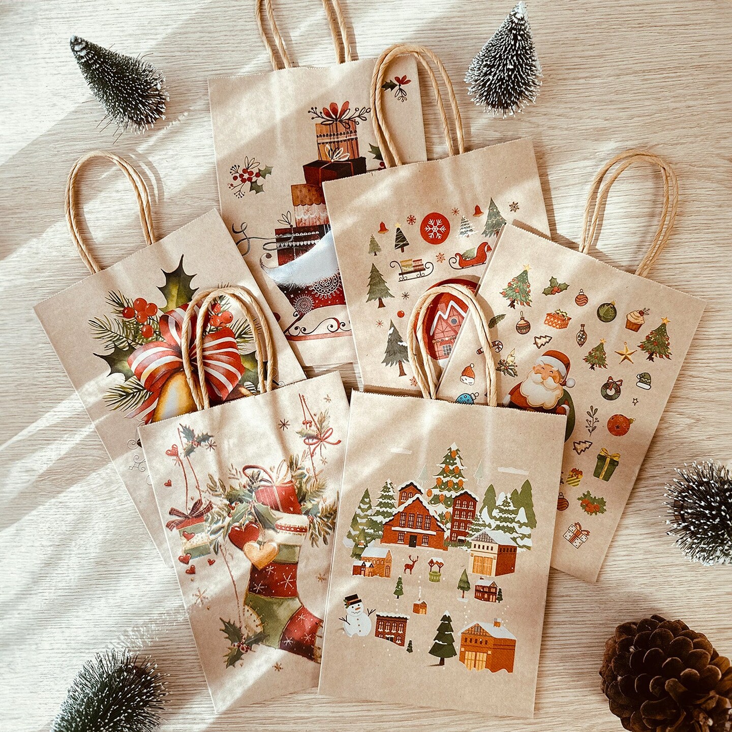 Wrapables Christmas Holiday Kraft Gift Bags with Handles and Tissue Paper for Gift Wrap, Parties, Favors and Treats (Set of 12), Christmas Time
