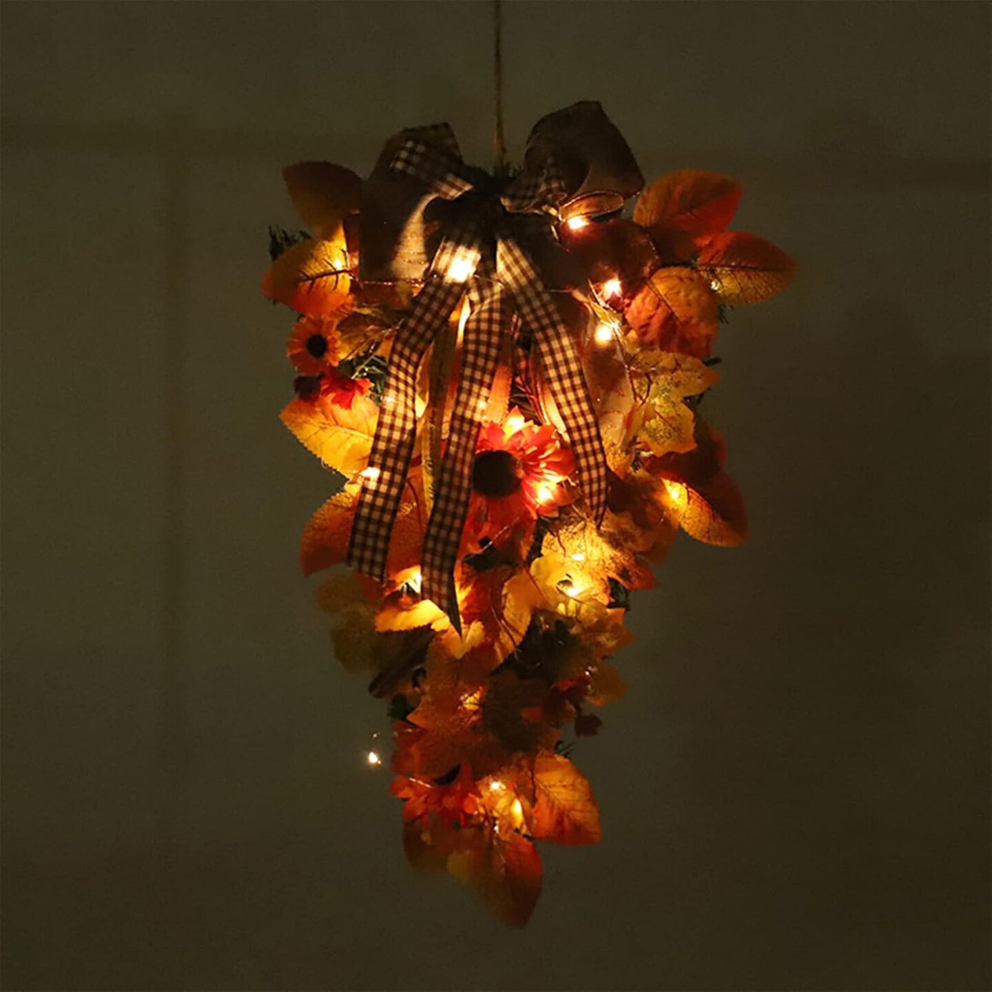 19.7 Inch Autumn Decorative Swag,Artificial Sunflowers Maple Leaves Harvest Wreath for Front Door Thanksgiving Halloween Decorations Home Decor