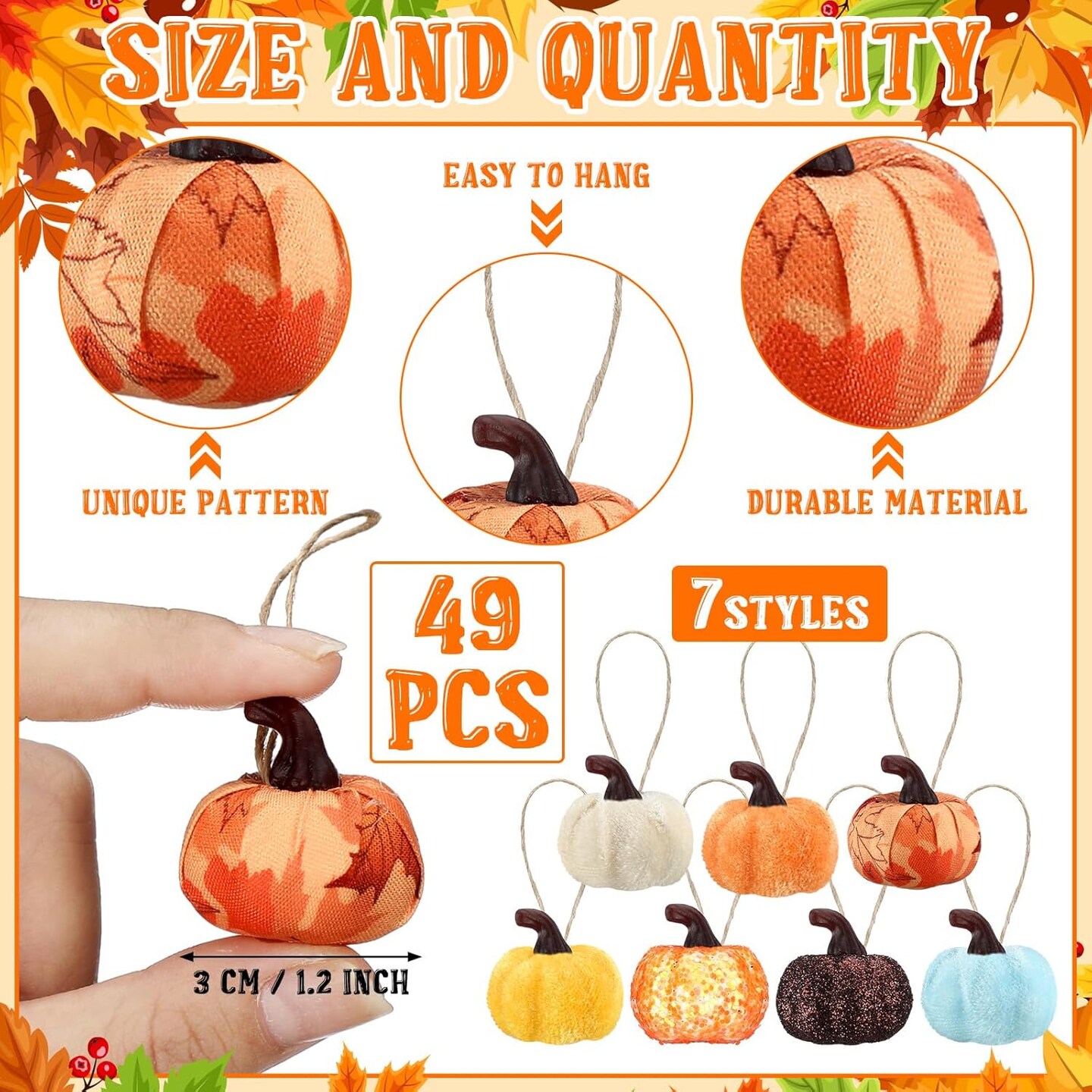 49 Pcs Fall Pumpkin Ornament Autumn Hanging Mini Pumpkin Shaped Tree Decorations Thanksgiving Fabric Harvest Pumpkin Ornament Ball for Party Farmhouse Halloween Christmas(Vibrant)
