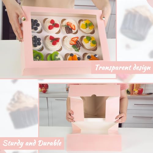 6 Pieces Cupcake Containers with Window, Pink Cupcake Holder with Insert Cupcake Box 12 Count Holding 72 Cupcakes for Valentine&#x27;s Day Birthday Party Bakery Supplies