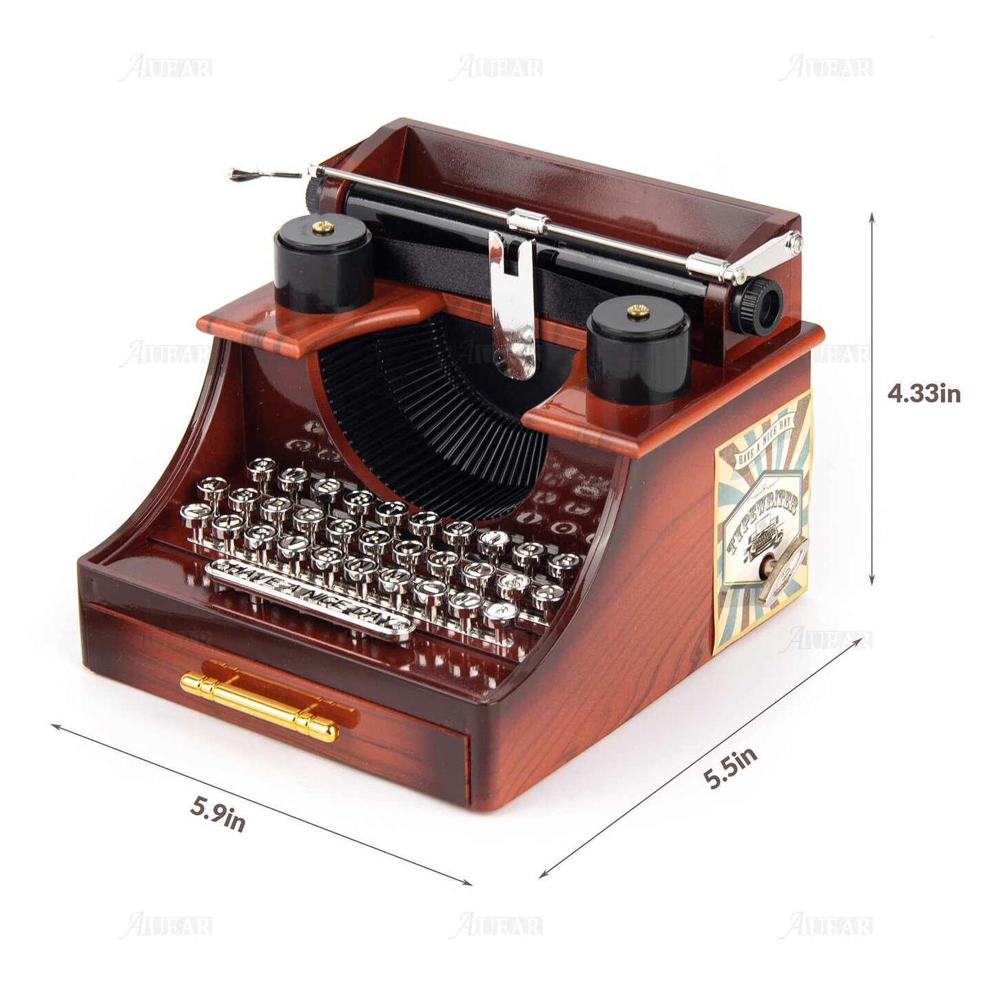 Vintage Typewriter Music Box with Drawer Clockwork for Home Office Decoration