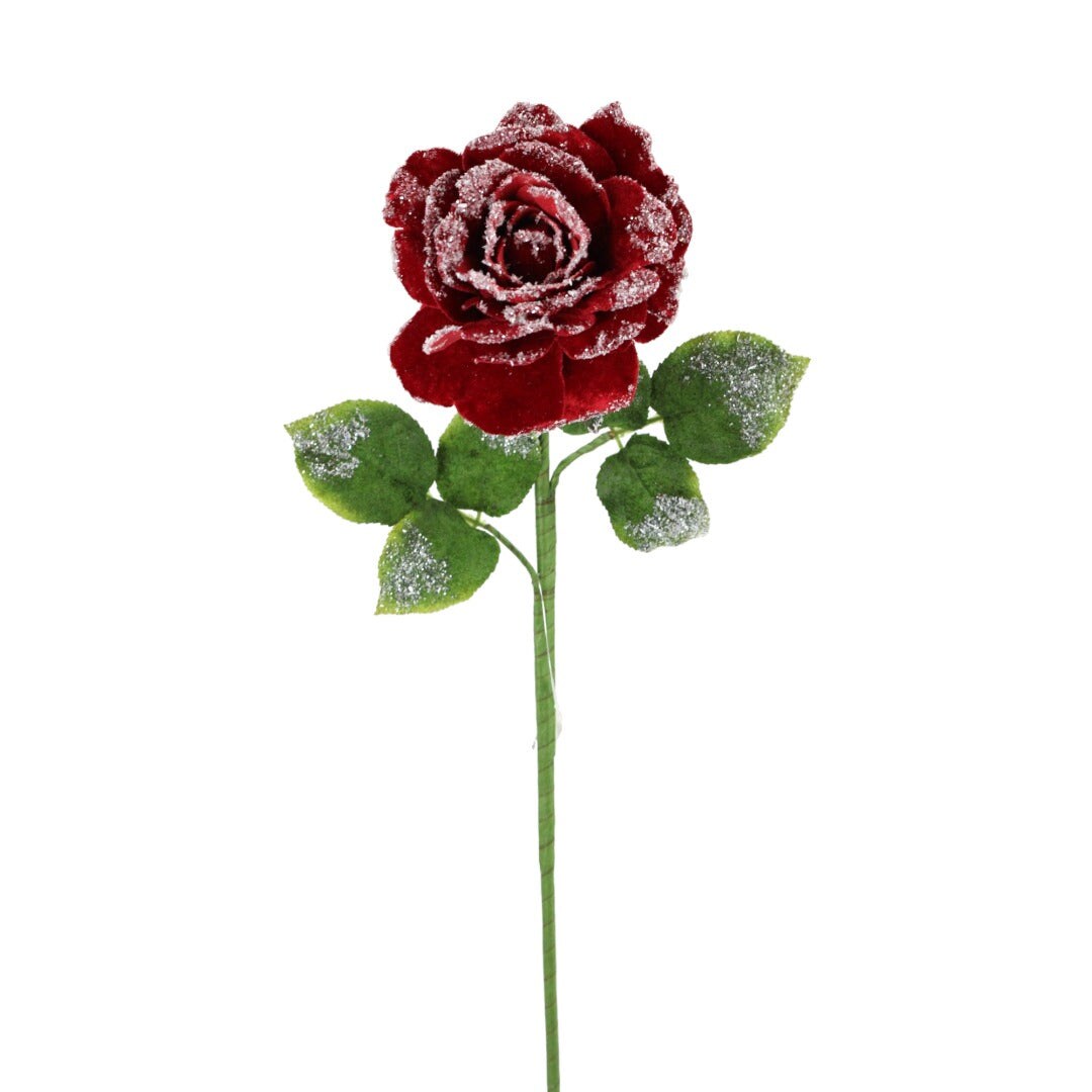 25&#x22; Frosted Rose Stem | Winter Floral Pick | Elegant Christmas Decor -235010