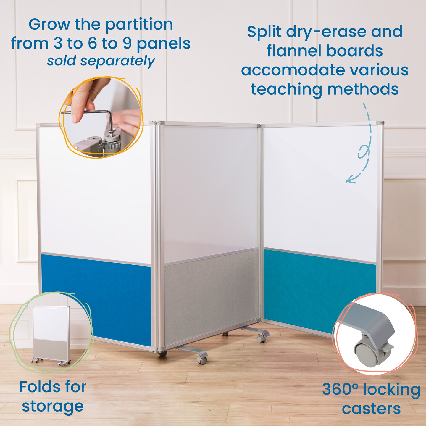 Mobile Dry-Erase and Flannel Split Room Divider, 3-Panel, School Supplies