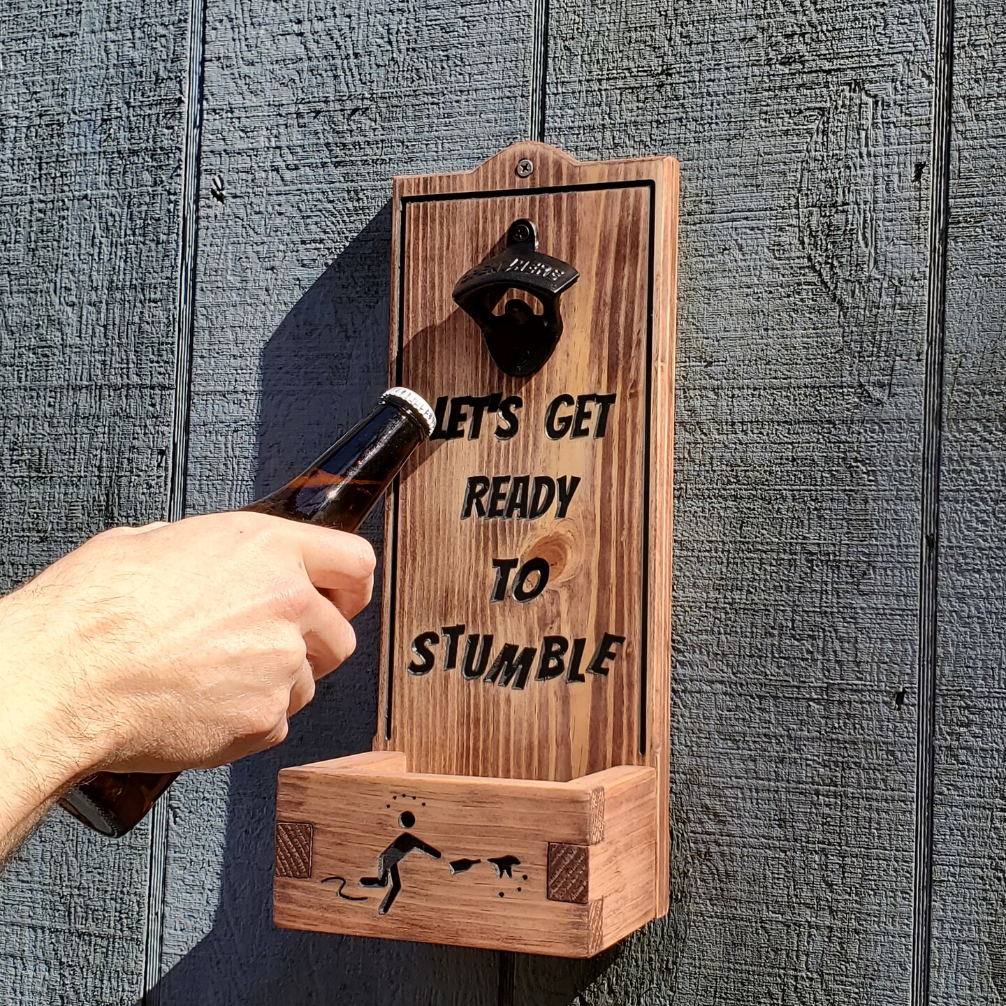 Vintage Wooden Wall Mount Bottle Opener With Cap Catcher - Retro Style For Home Bar Or Kitchen