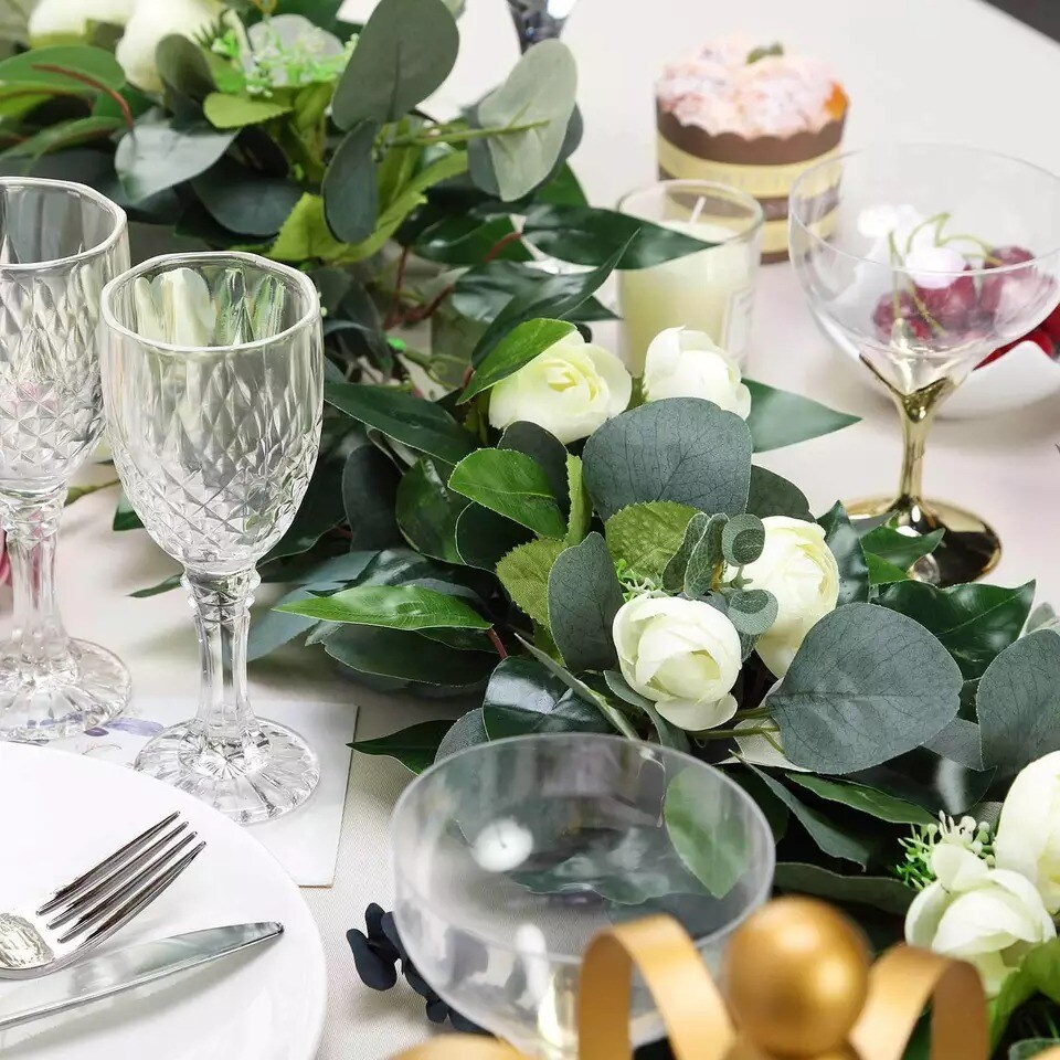 48-Inch Green Artificial Eucalyptus Willow Leaves Ranunculus Flowers Garland