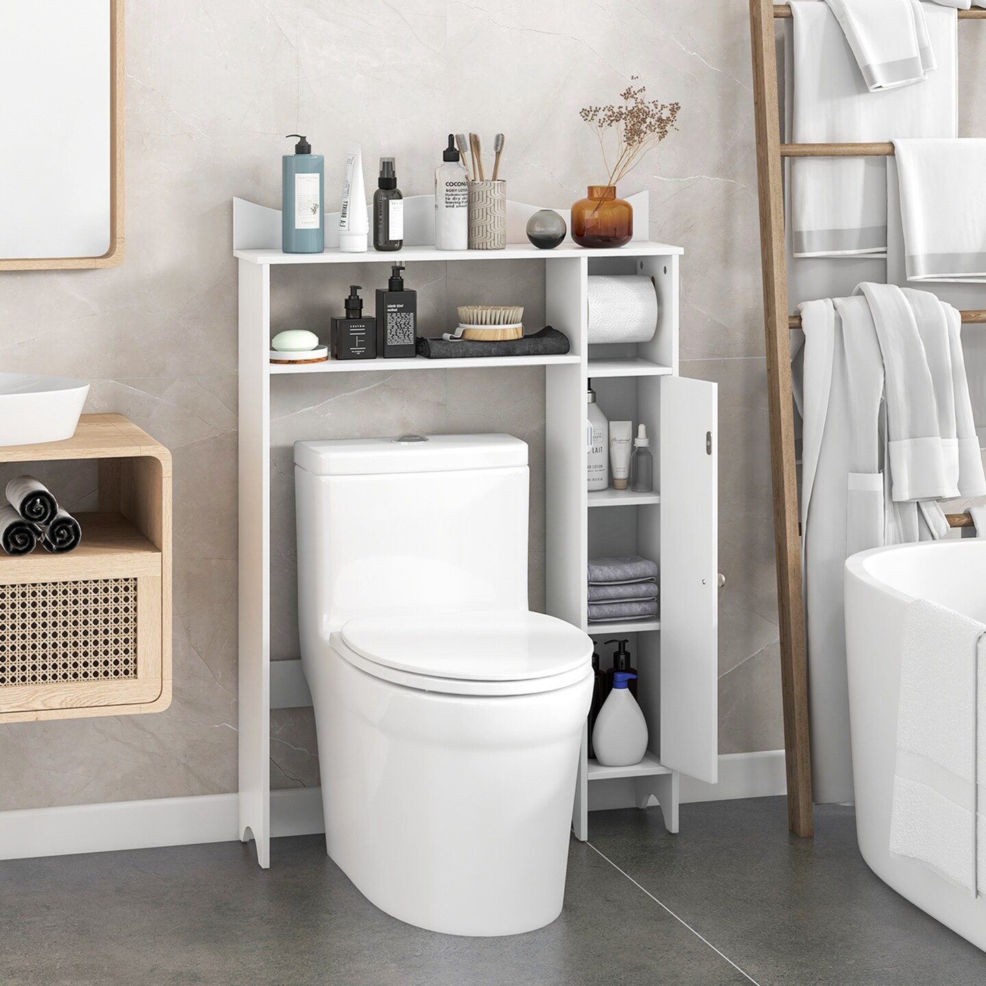 Costway Over the Toilet Storage Cabinet w/Toilet Paper Holder Adjustable Shelves White