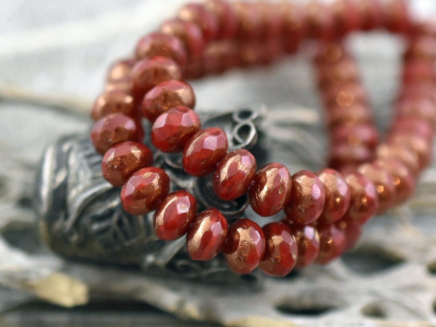 *30* 3x5mm Bronze Washed Red Opaline Fire Polished Rondelle Beads