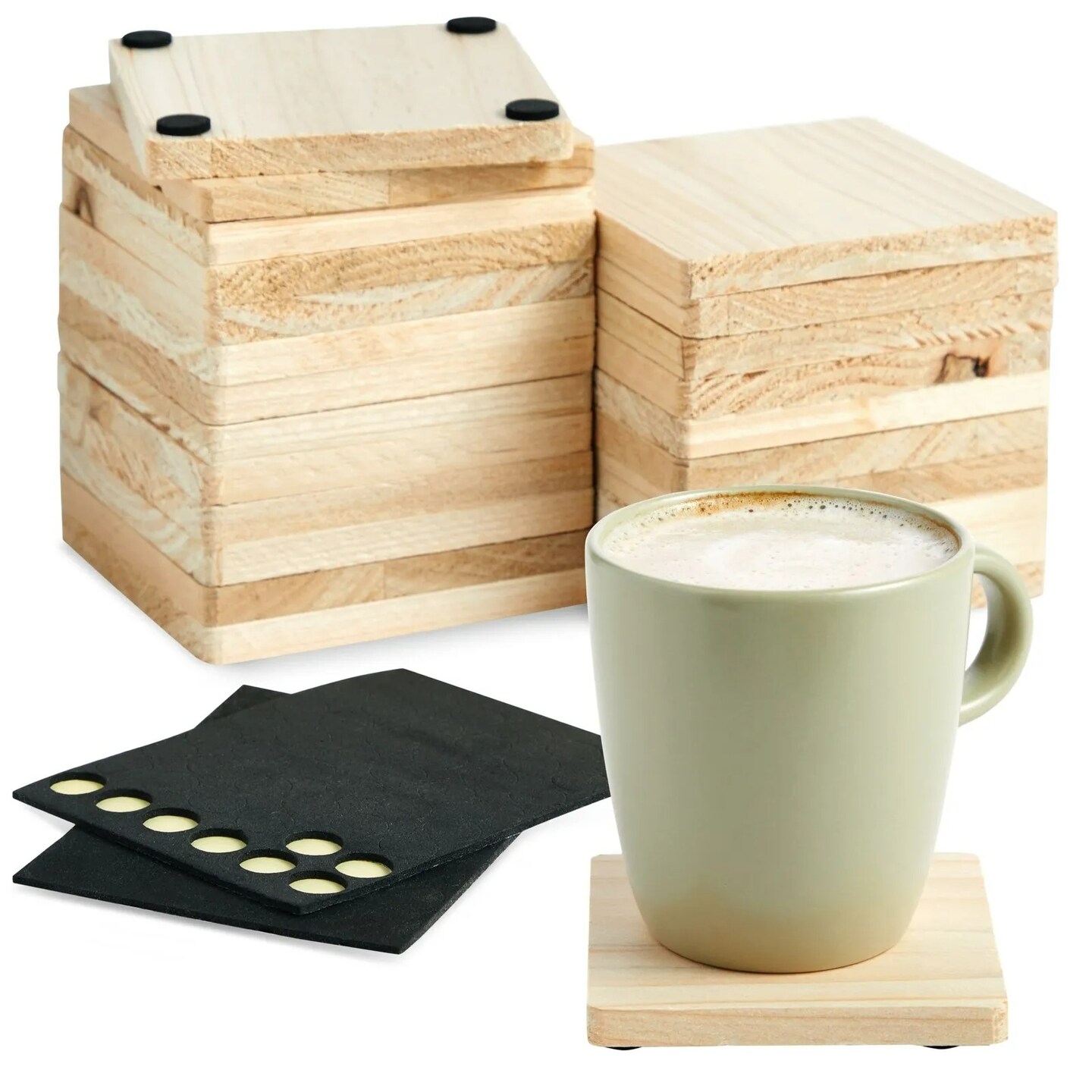Wood Coasters, 12 Pack Square Unfinished Wooden Coasters with Non-Slip Foam Dot