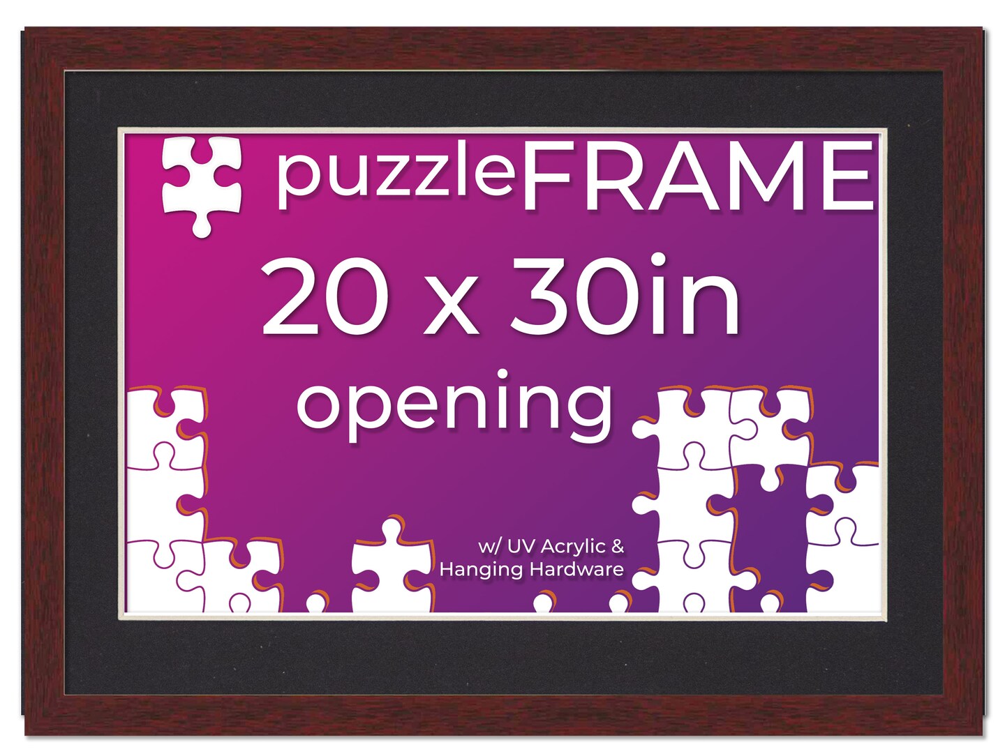 Brown Wood Puzzle Frame Kit with Glue Sheets, Black Mat, Backing, UV Acrylic - Available in 20 Popular Sizes