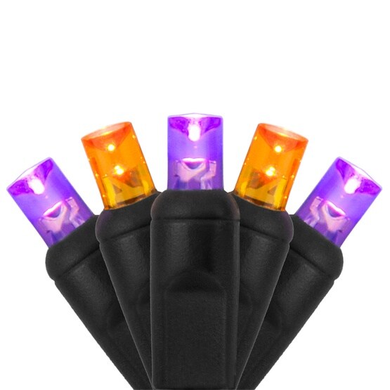 70 5mm Purple, Orange LED Halloween Lights, 4&#x22; Spacing, Black Wire