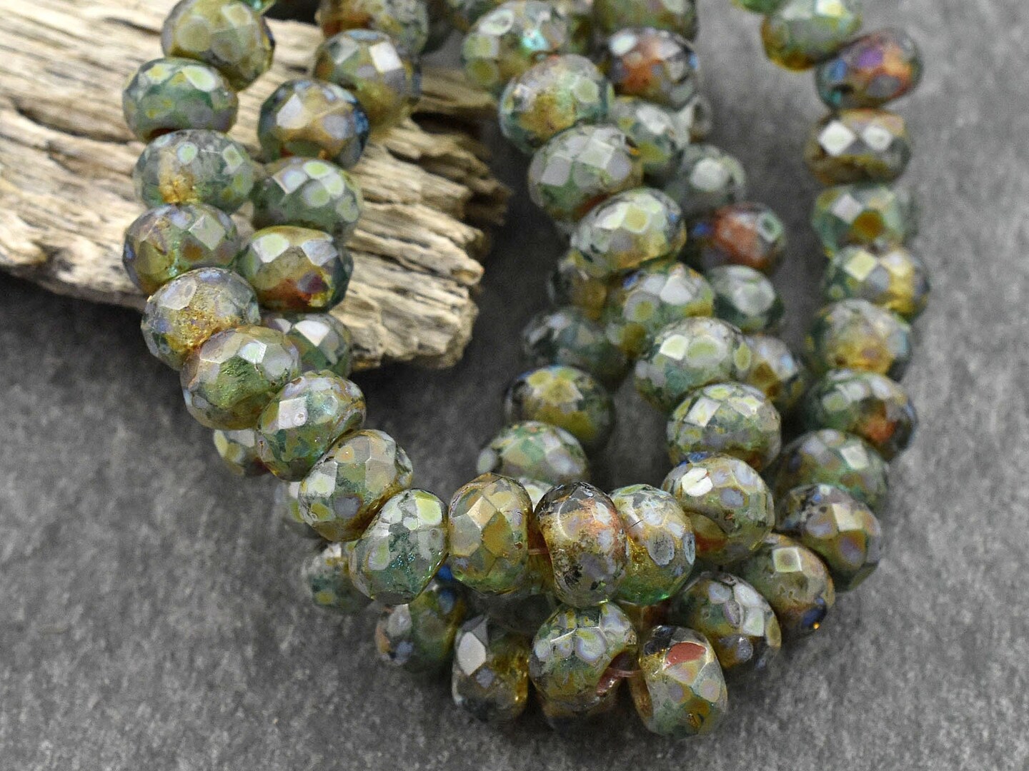 *25* 5x8mm Green Tea Topaz Picasso Roller Rondelle Beads