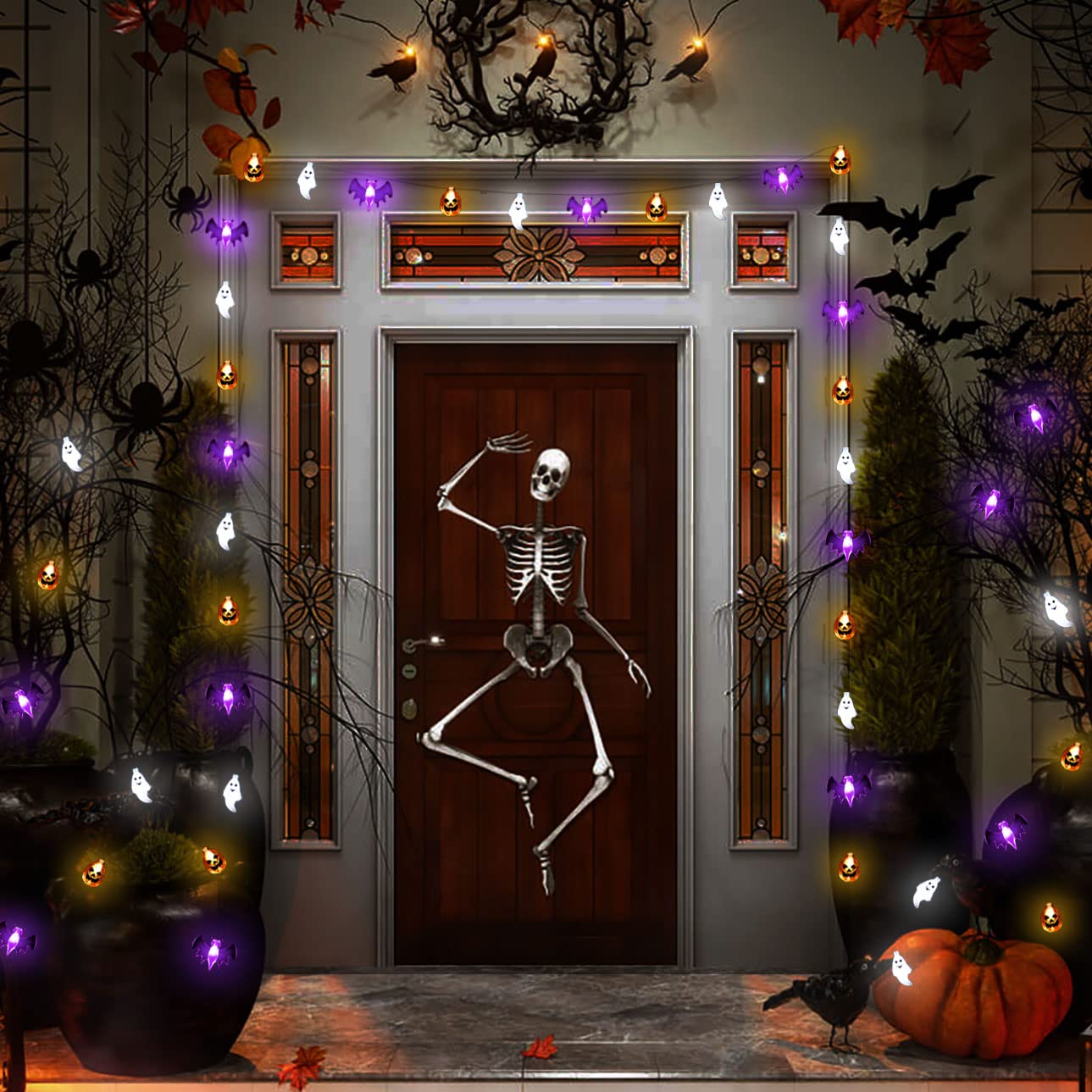 16 ft Halloween Lights,  30 LED Waterproof 3D Pumpkin Bat Ghost Battery Operated String Lights with Timer - 8 Lighting Modes Fairy Light for Window Indoor Outdoor Decor Halloween Party Decorations