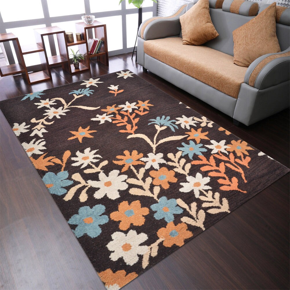 Hand Tufted Wool Area Rug Brown Floral Design K00689 Soft High-Pile Eco-Friendly