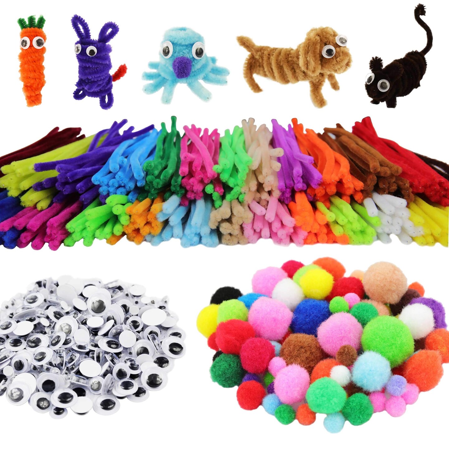 862 PCS Kids Art &#x26; Craft Supplies Set DIY Activities &#x26; Parties Pipe Cleaners Craft Set 200 Pcs Pipe Cleaners 454 Pcs Pom Poms 208 Pcs Wiggle Eyes Self Adhesive1