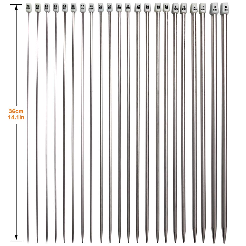 Knitting Needle Set, 22 Pieces 2mm(B)-8mm(L) Straight Single Pointed Stainless Steel Sweater Needles Set(11Pair-11 Size,9.8 inch) with Locking Stitch Makers Large-Eye Needles Measure Tape (36CM)