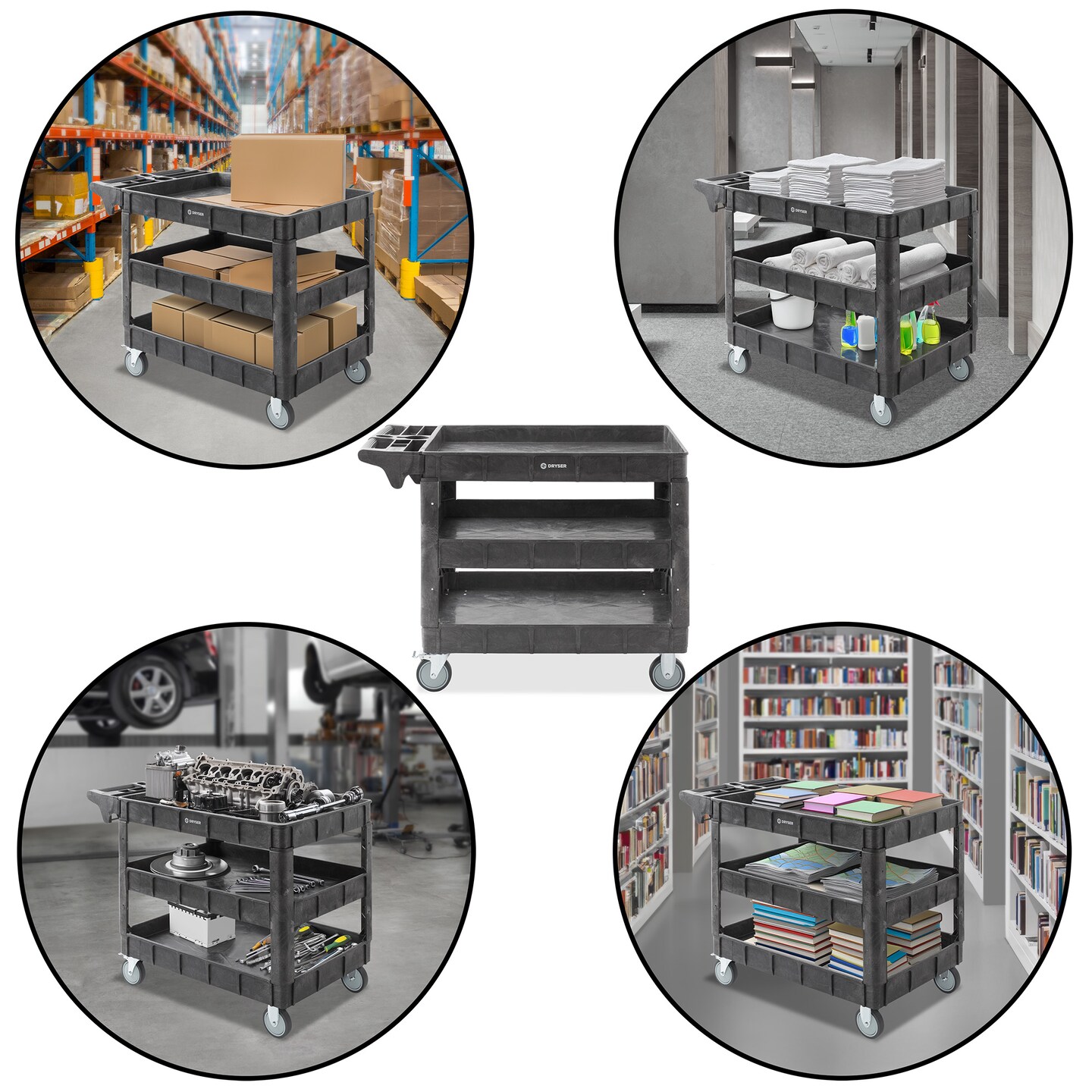 Dryser Utility Service Cart with Wheels, 46&#x22; x 25&#x22; Heavy Duty 550 lb. Capacity with Shelves - 3 Tier Rolling Cart with Two 5&#x22; Swivel Casters for Warehouse, Garage, Cleaning