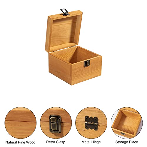 Vintage Wooden Storage Box Container with Hinged Lid and Front Clasp, 5.5'' x 5.5'' x 3.9'' Small Keepsake Box, Rustic Wood Boxes for Crafts Art Hobbies and Home Decoration
