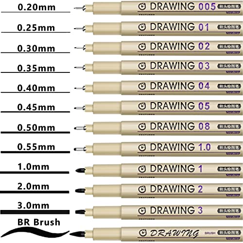 Fineliner Drawing Art Pens: 12 Black Fine Line Waterproof Ink Set Artist Supplies Archival Inking Markers Liner Professional Sketch Outline Crafts Anime Sketching Watercolor Zentangle Kit Stuff