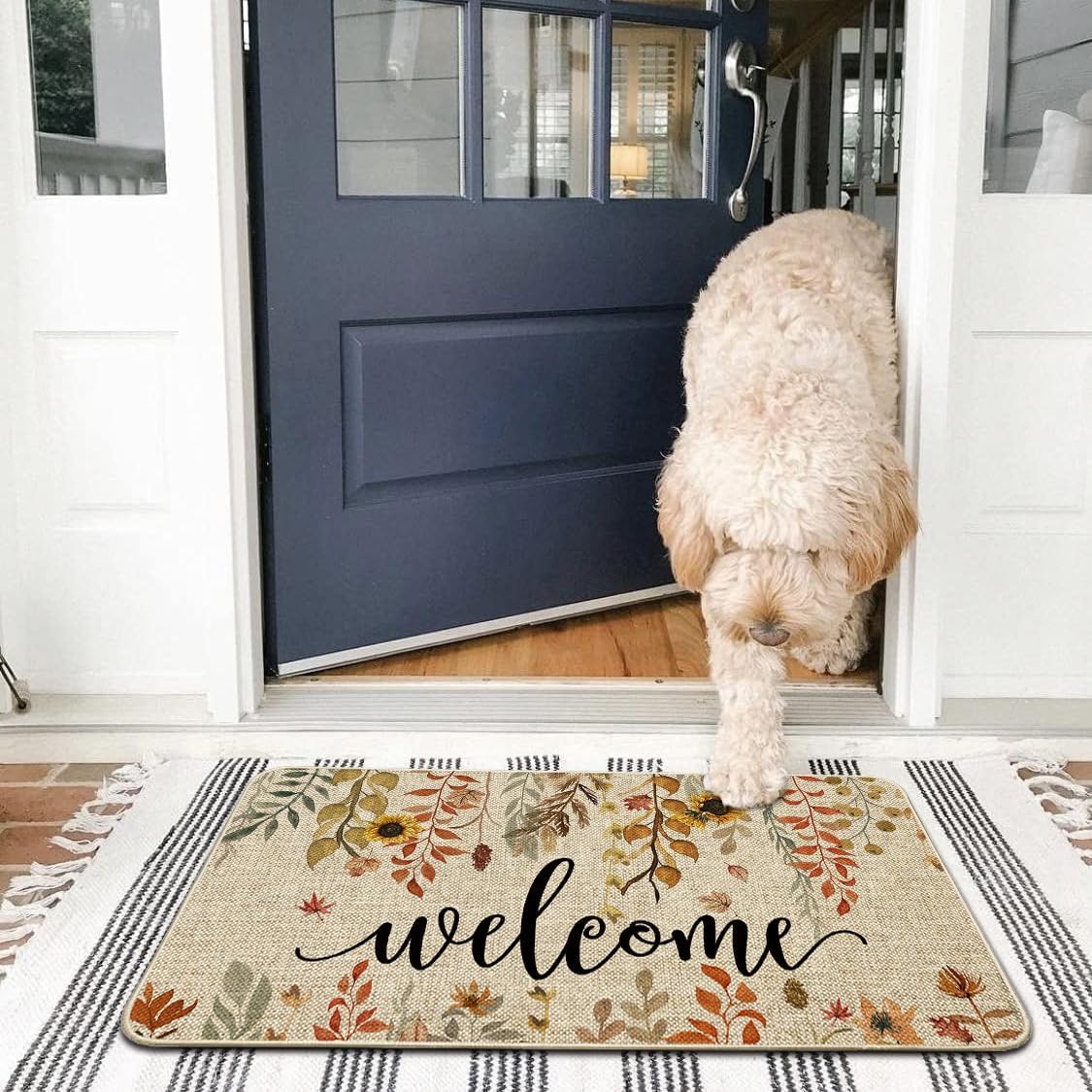 Welcome Fall Doormat Eucalyptus Leaves Sunflowers Door Mats Indoor Outdoor Patio Non-Slip Durable Entrance FloorMat for Home, Outside, Yard, Patio 17x29.5 Inch