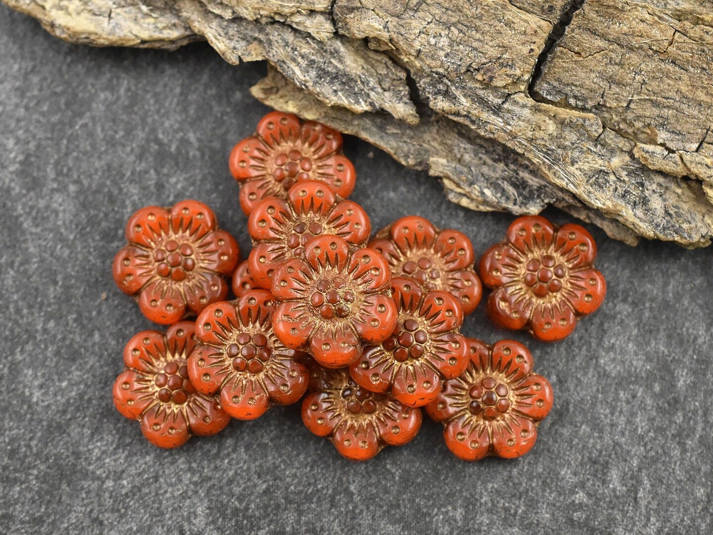 *12* 14mm Dark Bronze Washed Orange Opaline Wildflower Beads