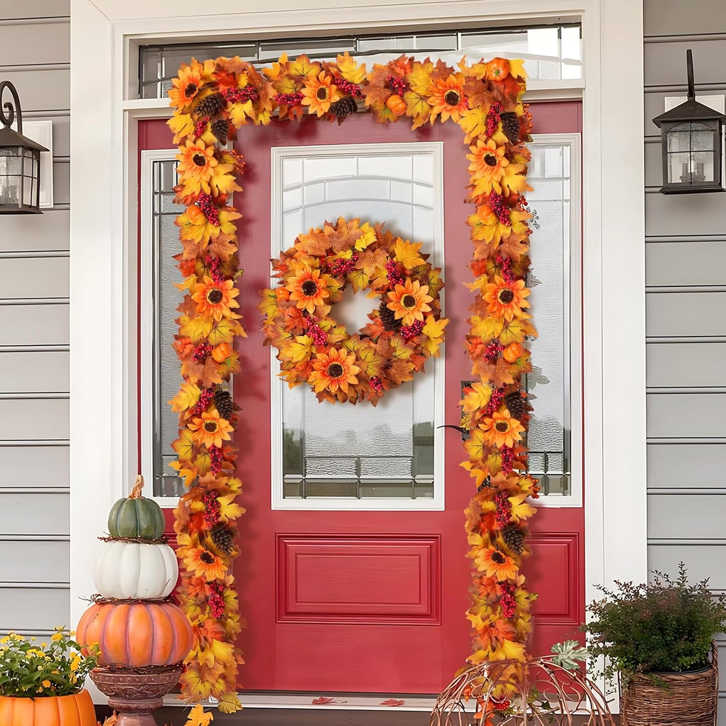 6.2FT Fall Maple Leaf Garland Autumn Garland Sunflower Pumpkin Berry Pinecone Cone Garland Decoration for Wedding Party Thanksgiving Table Fireplace Door Frame Doorway Backdrop Harvest Decor