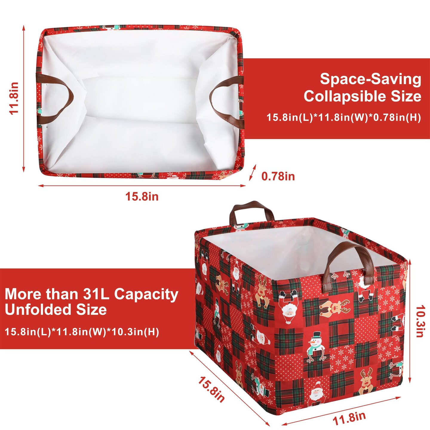 Christmas Gingerbread Storage Bin - Collapsible Fabric Basket With Leather Handles, 31L Capacity - For Toys, Clothes, Nursery, Home Organization