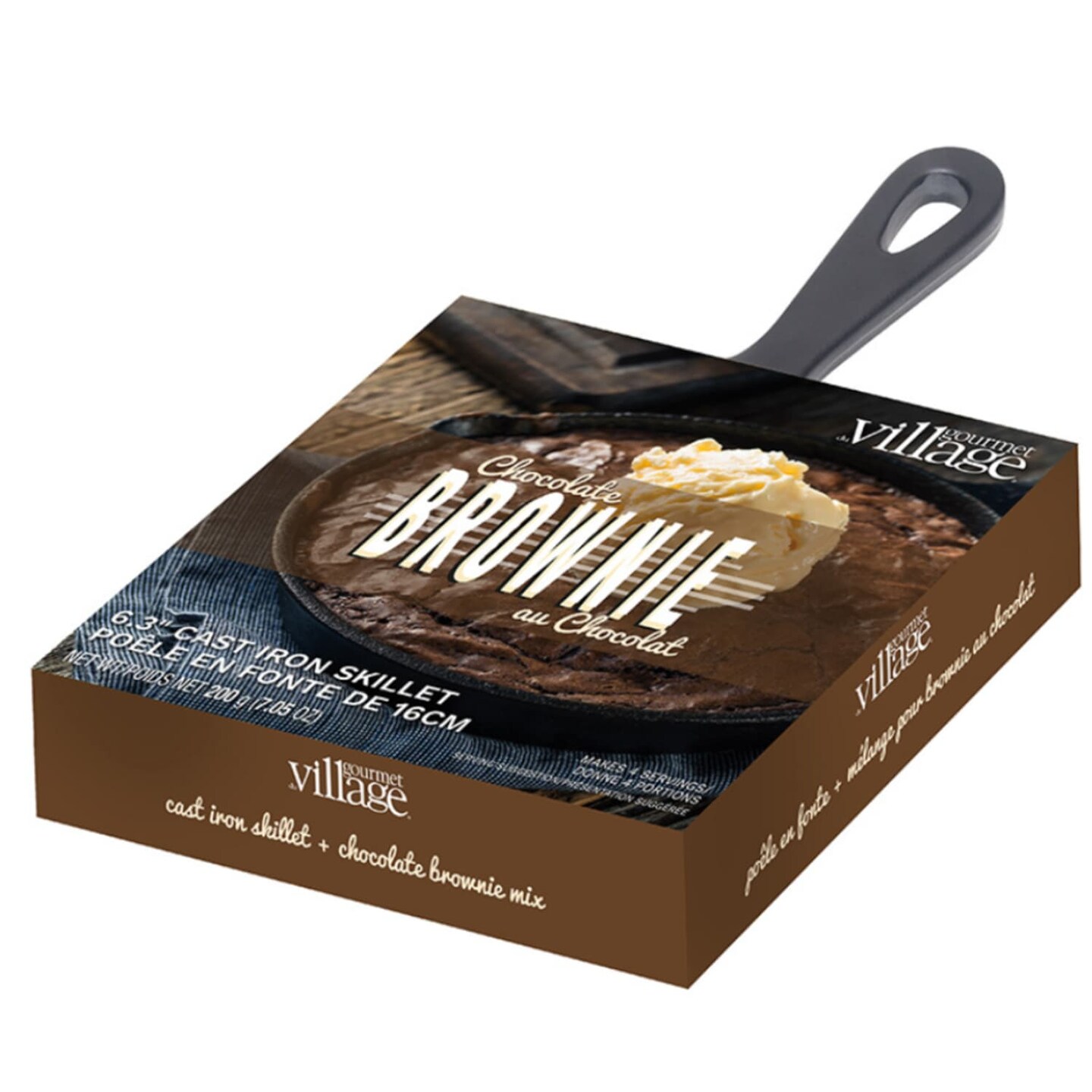 Gourmet du Village Skillet Mix Kit, Sweet Treat or Gift Dessert Mix with 6.2 inch Cast Iron Skillet, Chocolate Brownie