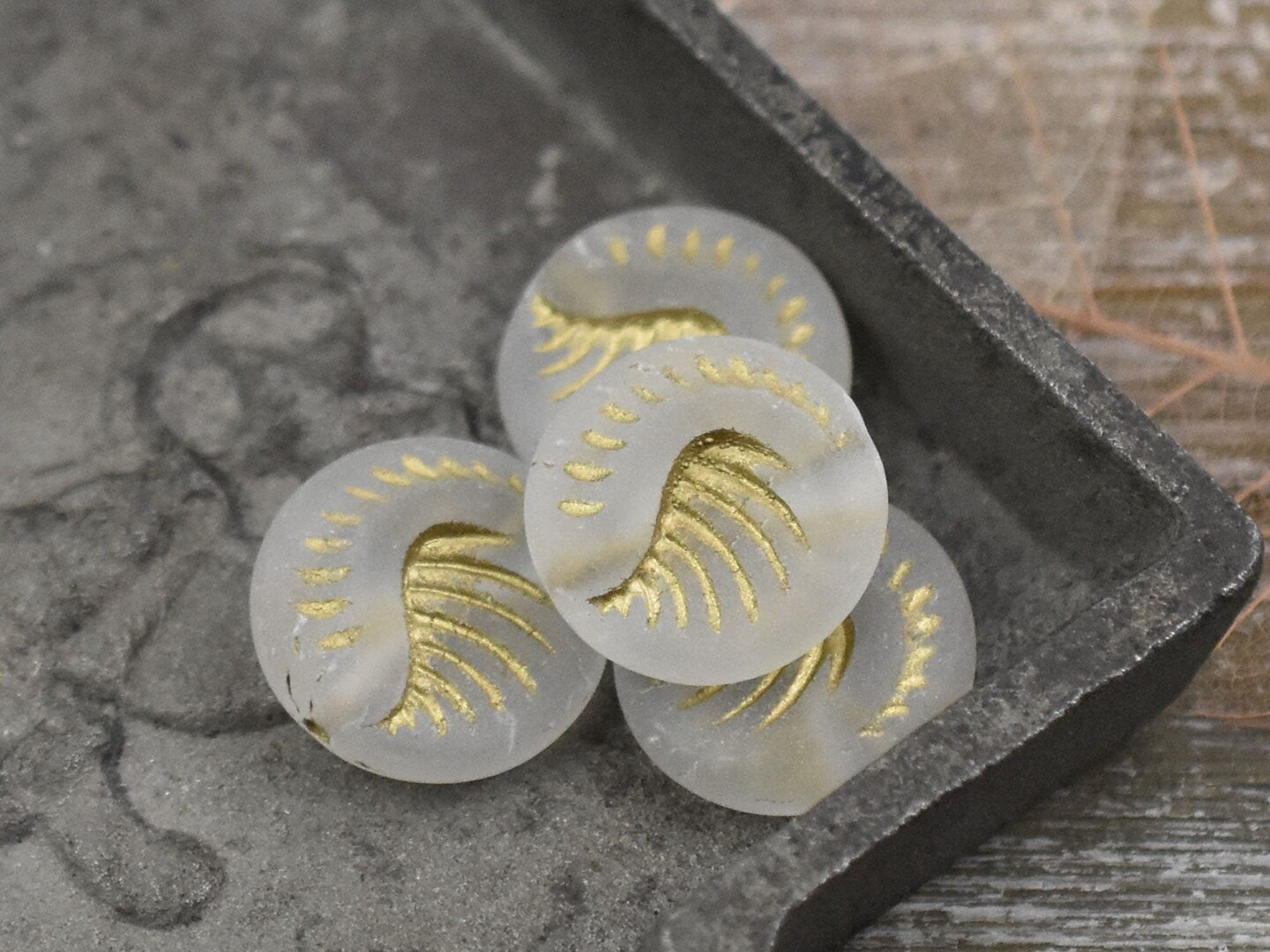 *6* 19mm Gold Washed Matted Crystal Fossil Coin Beads