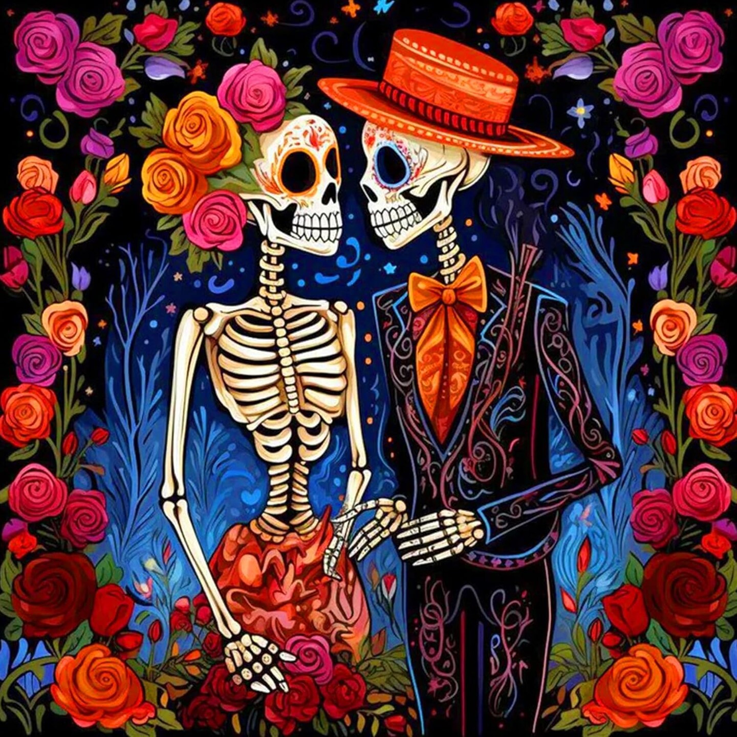 Halloween Diamond Painting Kits for Adults-Skeleton Love 5D Diamond Art Kits Roses Full Drill Diamond Paintings with Diamonds Gem Art and Crafts Home Decor 14x14inch
