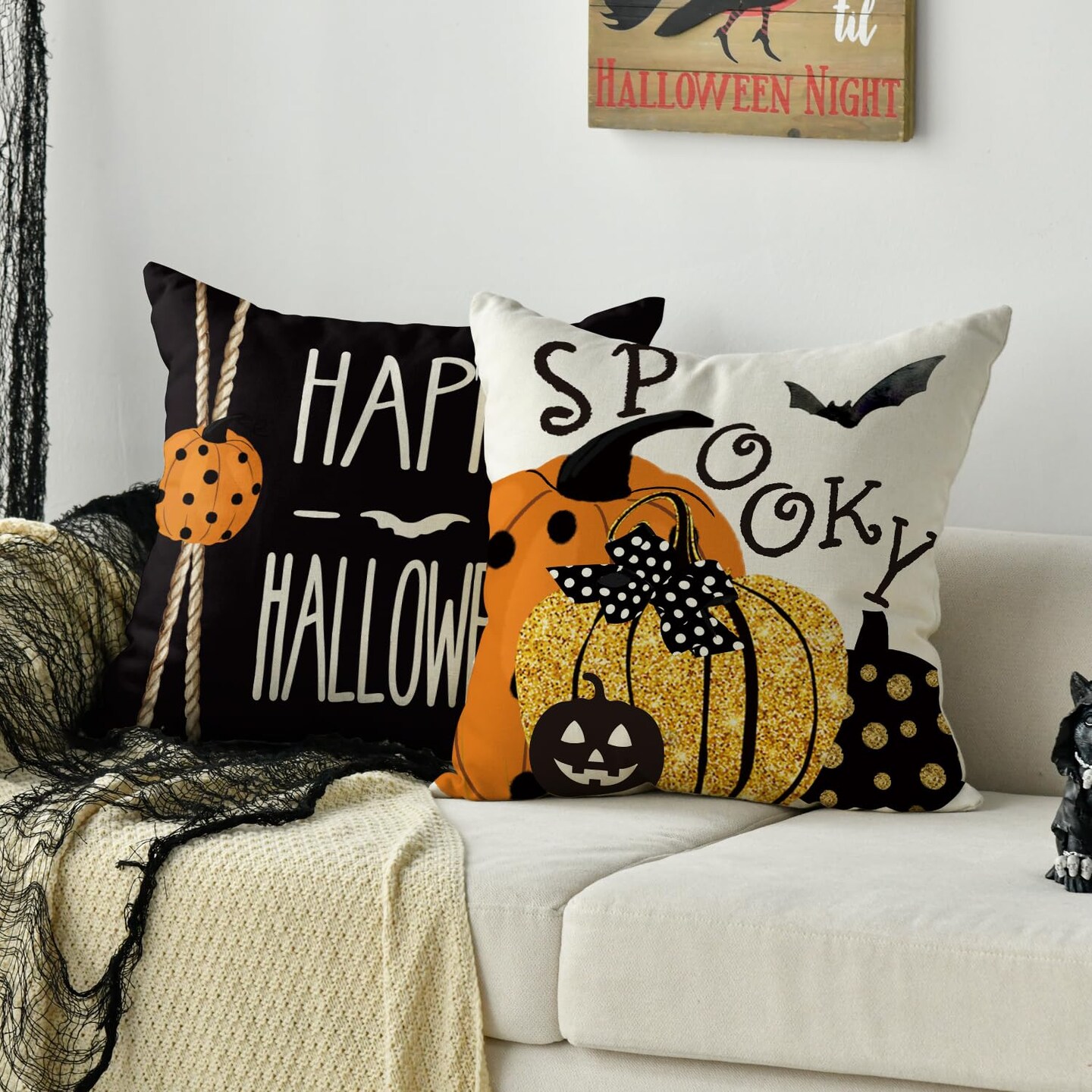 4 Pieces  Happy Halloween Boo Black Cat Trick or Treat Throw Pillow Covers, 18 x 18 Inch Spooky Pumpkin Bat Cushion Case for Sofa Couch
