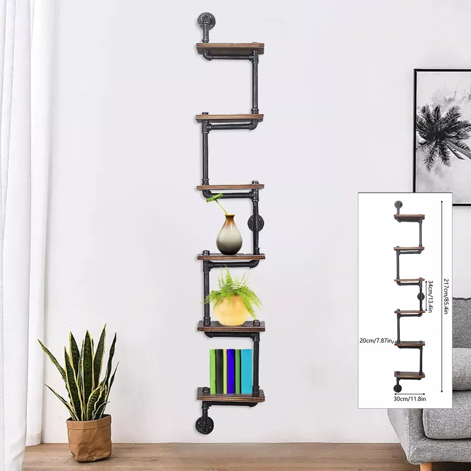 Pipe Shelf Industrial Bracket Rustic Iron Pipe Wall Mount Floating Rack 6 Tiers