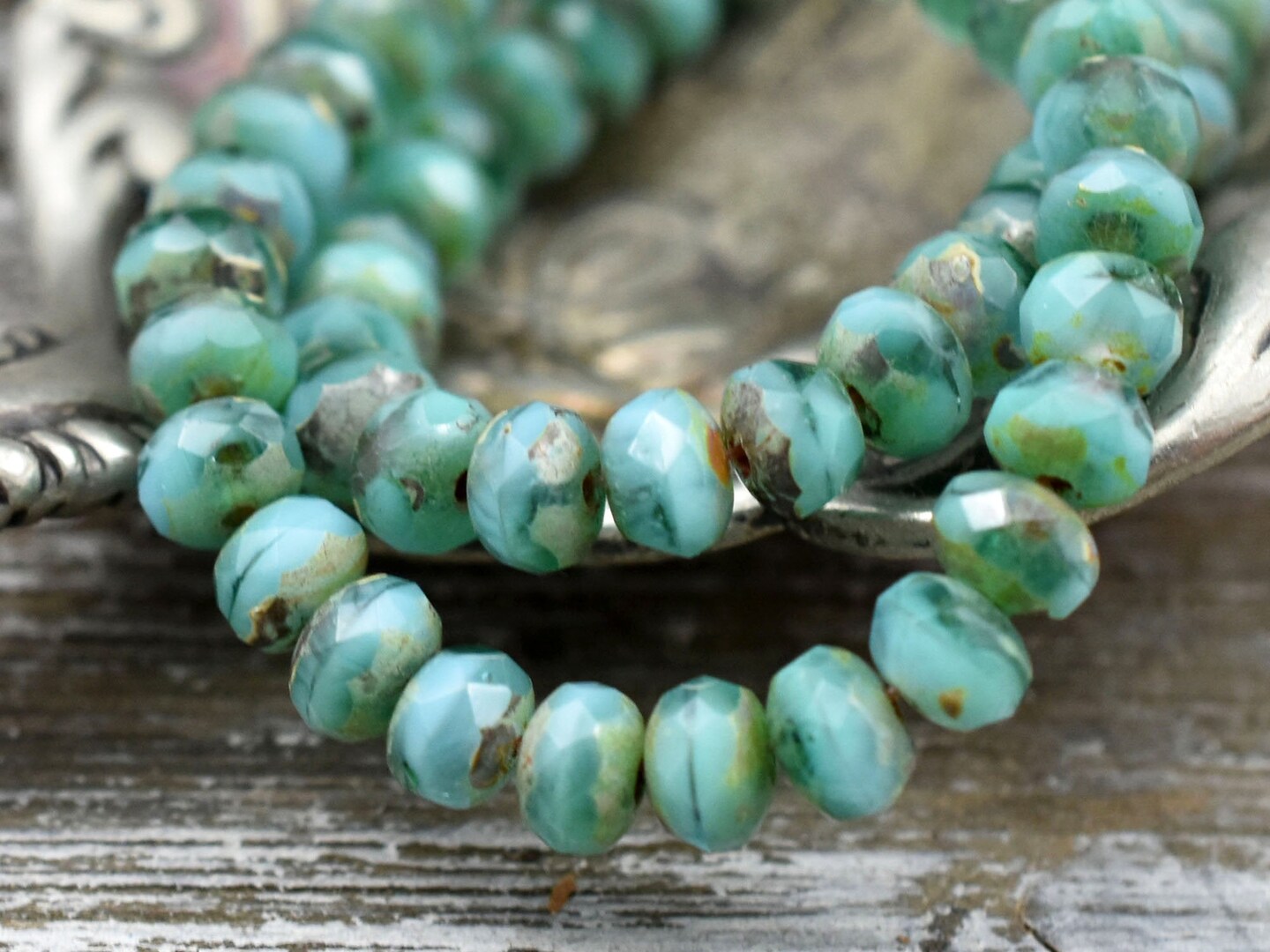*30* 3x5mm Turquoise Aqua Picasso Fire Polished Rondelle Beads