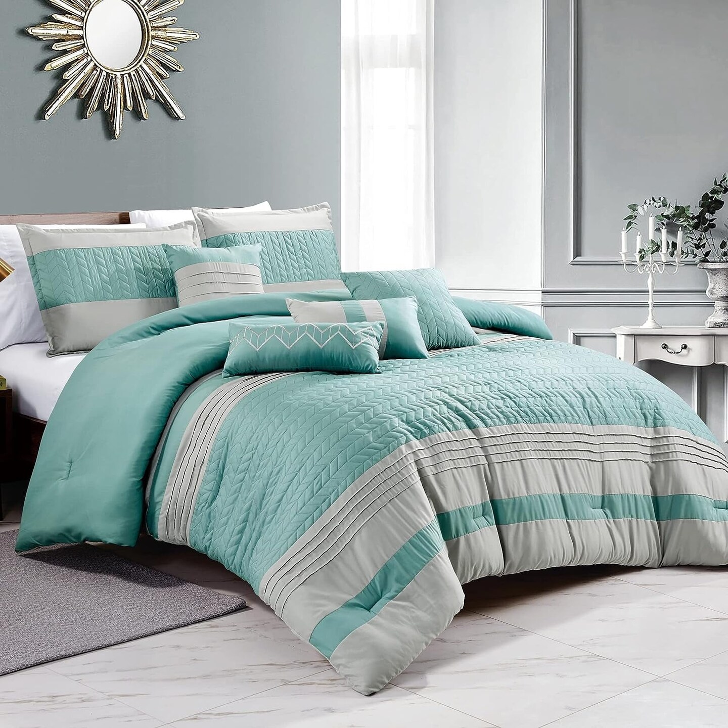 7 Pieces Liesl Teal Gray Pintuck &#x26; Real Quilting Comforter Bedding Set