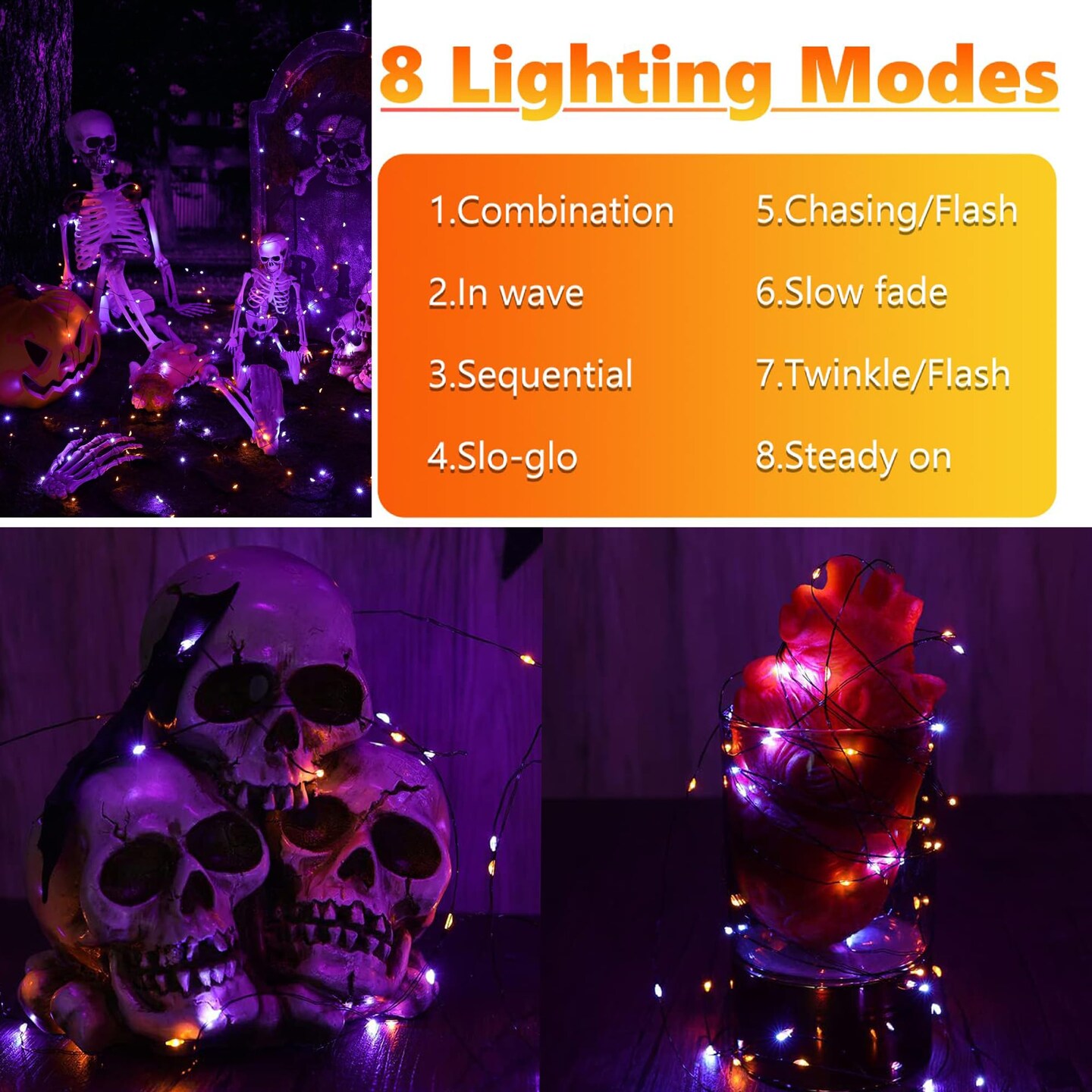 2 Pieces Orange Purple Halloween Solar String Lights Total 100ft 300LED 8 Modes Solar Fairy Lights, Waterproof Lights Black Wire for Halloween Decorations