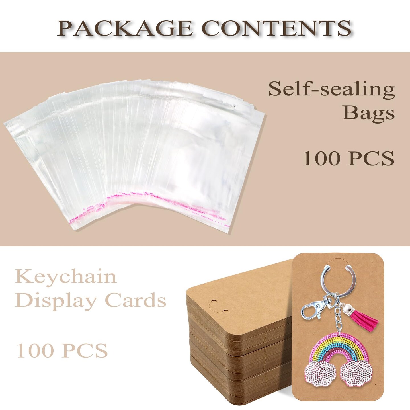 100 Pieces Keychain Display Cards, 3 x 4.7 Inch Keychain Holder with Self-Sealing Bags, Card Display Rack for Displaying Keyring Jewelry Bulk Keychains Packaging Supplies (Brown)