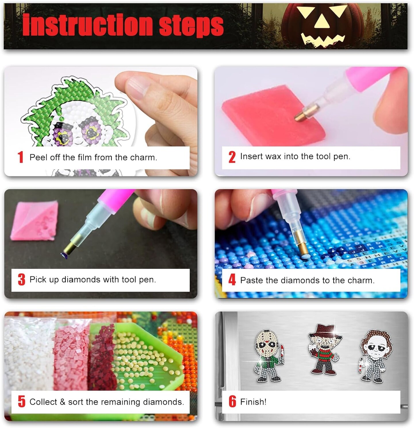 Halloween Diamond Art Refrigerator Magnets, Horror Movie DIY Diamond Art Kits for Adults, Scary Stuff for Women
