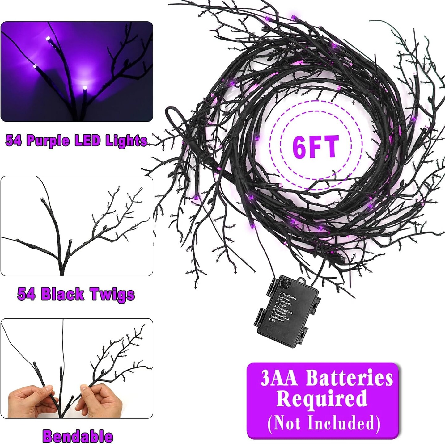 8 Modes &#x26; Timer] 6Ft 54 LED Halloween Willow Vine Twig Halloween Garland with Lights Purple Halloween Lights Waterproof Battery Operated for Mantle Wall Fireplace Indoor Halloween Decorations