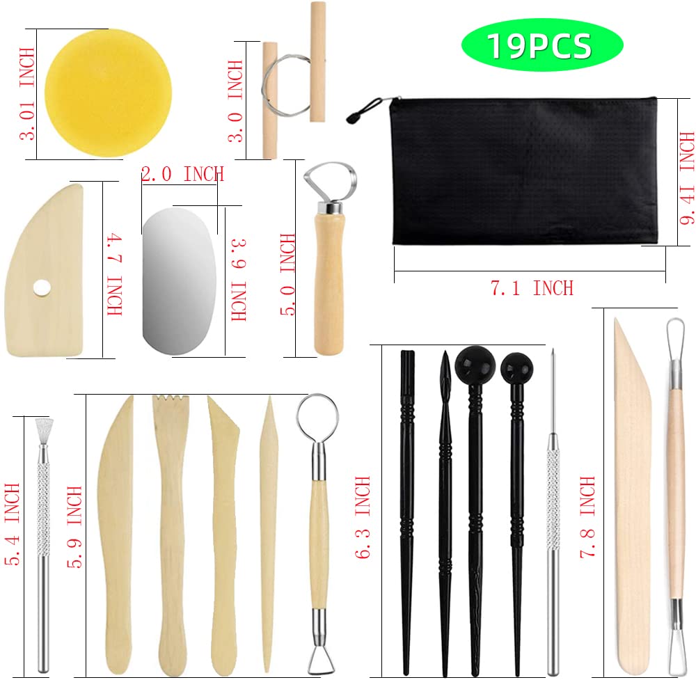 19 Pieces Pottery Clay Sculpting Tools for Polymer, Yagugu 19Pcs Basic Wood Ceramics Carving tool Supplies kit Accessories for Kids, Adults and Artists Modeling Shaping Building for art&#x26;craft