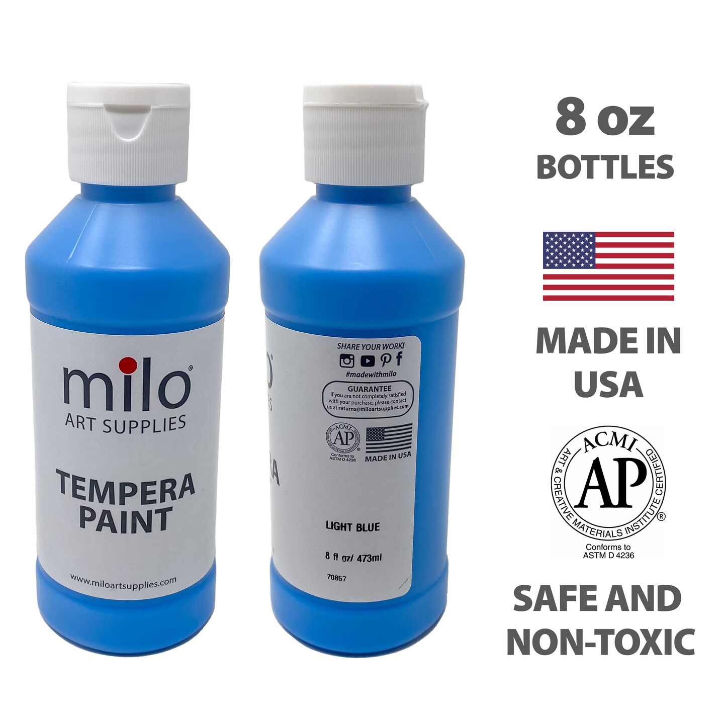 milo Tempera Paint Set of 12 Colors | 8 oz Bottles | Made in the USA | Washable and Non-Toxic Art &#x26; Craft Poster Primary Paints for Artists, Kids, &#x26; Hobby Painters