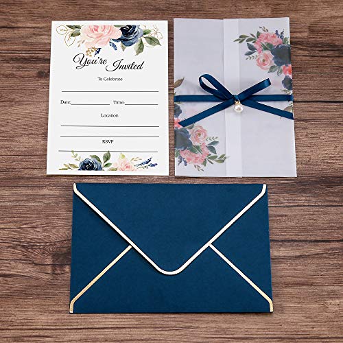 25 PCS Navy Blue Invitations Cards with Envelopes and Fill-in Inner Sheets for Bridal Shower Invite, Baby Shower Invitations, Wedding, Rehearsal