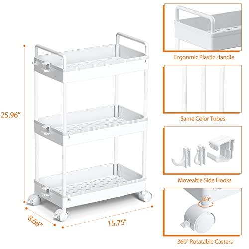 3 Tier Classic Storage Rolling Cart Slim Storage Cart with Wheels Slide Out Storage Rolling Cart Organizer Plastic for Bathroom Laundry, White