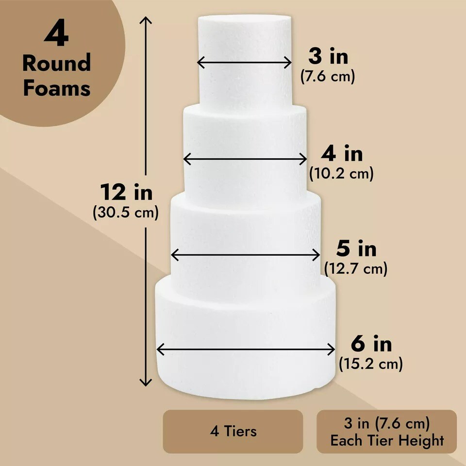 4 Piece Round Foam Cake Dummies for 12" Tall Fake Cake, 3, 4, 5, and 6 in