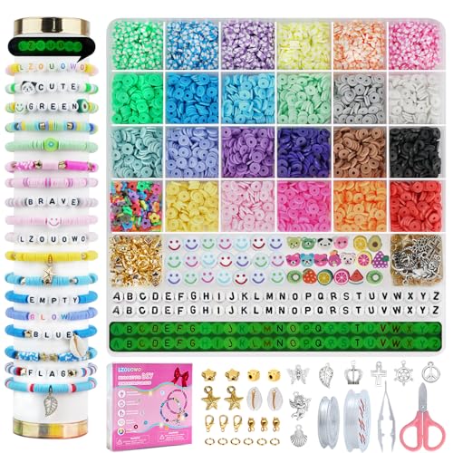 6100 Pieces Polymer Clay Beads for Bracelets Making Aesthetic Kit 24 Colors Flat Heishi Beads for Jewelry Making DIY Set with Letter Beads, Smile Face Beads and Charms for Girls Gift